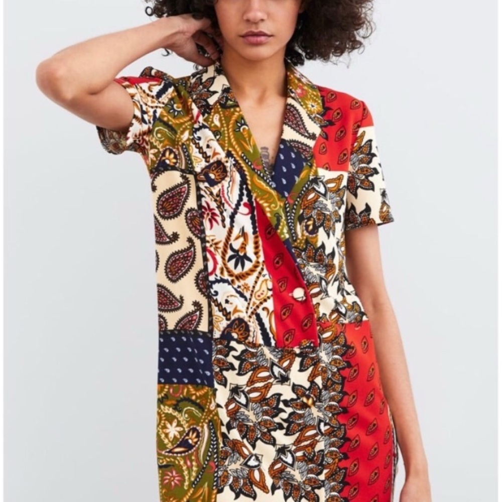 ZARA Paisley Patchwork Blazer Dress Women's Size M Medium Short Sleeve Mini